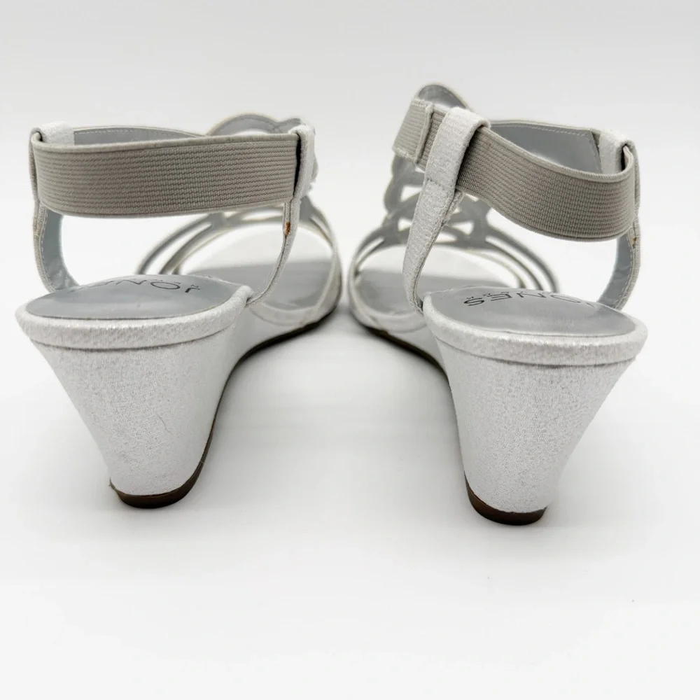 Jones New York Denice Strappy Bling Wedge Sandals Elastic Ankle Silver 7 NEW